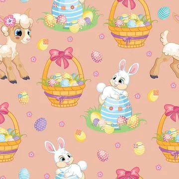 Seamless vector pattern white bunny, lamb and easter egg Stock Illustration