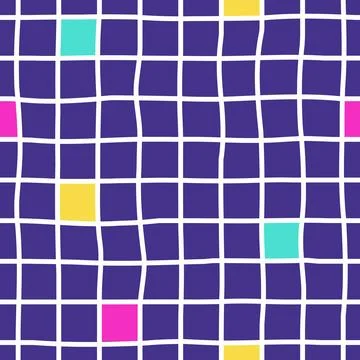Seamless vector pattern white hand drawn grid on dark blue with colorful squares Illustrazione stock