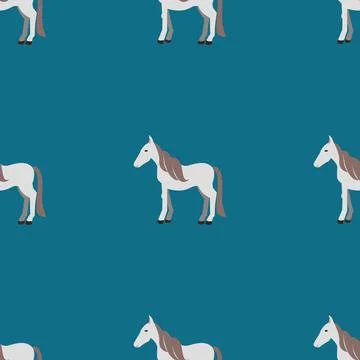 Seamless vector pattern with white horses on a green background. Illustrazione stock