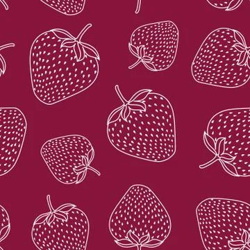 Seamless vector pattern with white line strawberries on raspberry red backgro Stock Illustration