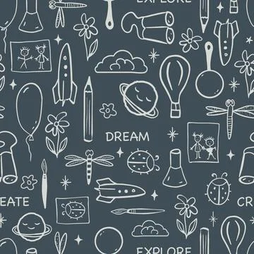Seamless vector pattern with white line art on dream and explore topic. Rocket Stock Illustration