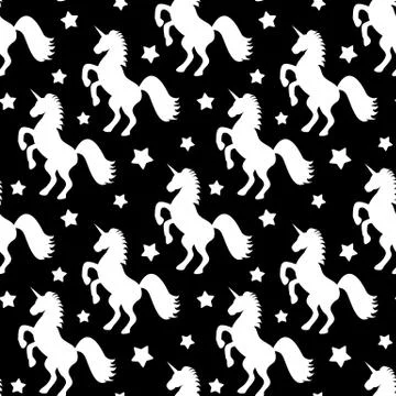 Seamless vector pattern with white stars and unicorns on black background Stock Illustration