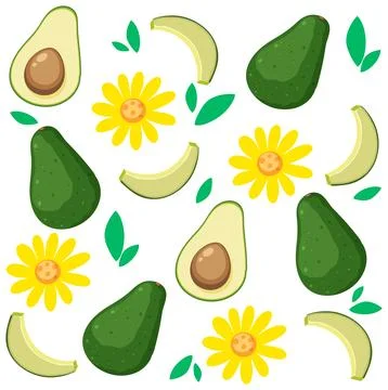 Seamless Vector Pattern with Whole and Sliced Avocado and Yellow Flowers Illustrazione stock