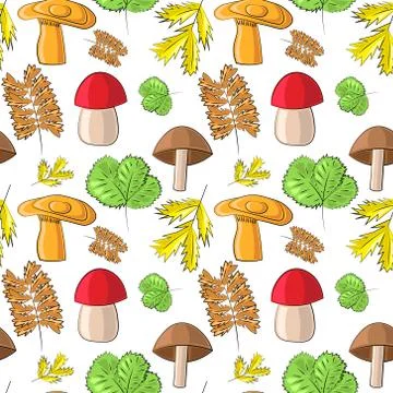 Seamless vector pattern with wild mushrooms and leaves Stock-Illustration