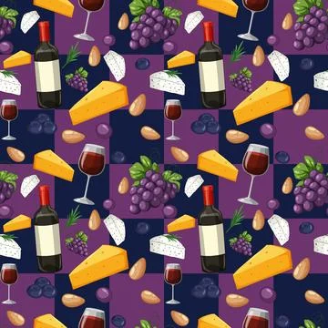 Seamless Vector Pattern with Wine Bottles Cheese and Grapes Ilustración de archivo