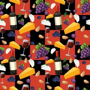 Seamless Vector Pattern with Wine Bottles Grapes and Cheese Wedges Ilustración de archivo