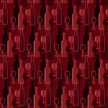 Seamless vector pattern of wine glasses and bottles on dark red background Stock Illustration