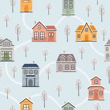 Seamless vector pattern with winter houses and trees. Stock Illustration