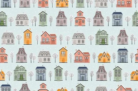 Seamless vector pattern with winter houses and trees. Stock Illustration