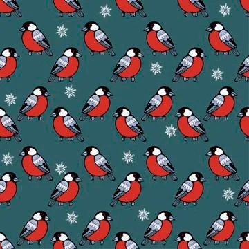 Seamless vector pattern with winter natural motives,  bullfinches and snowfla Stockillustratie