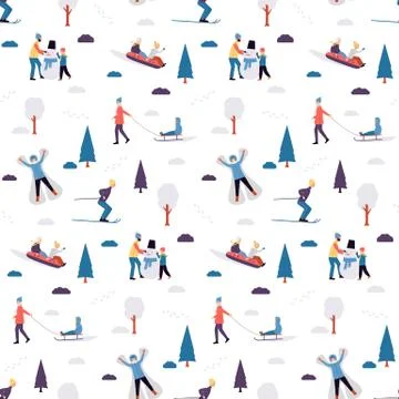Seamless vector pattern of winter outdoor activity of people Stockillustratie