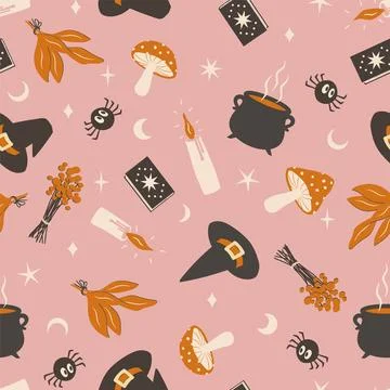 Seamless vector pattern with witch items hat, candles, herbs, mushrooms, magic Stock Illustration