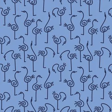 Seamless vector pattern withsimply drawn stylized birds in blue colors Stock Illustration