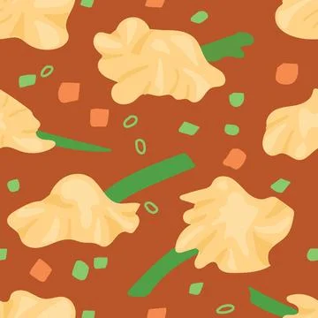 Seamless Vector Pattern of Wonton Soup Components Featuring Dumplings, Spring Illustrazione stock
