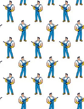 Seamless vector pattern Worker in a blue overalls holds in his hands a device Stock Illustration