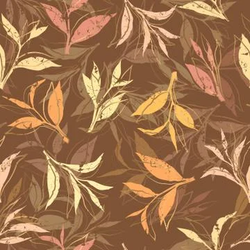 Seamless vector pattern with yellow and orange leaves isolated on brown backg Illustrazione stock
