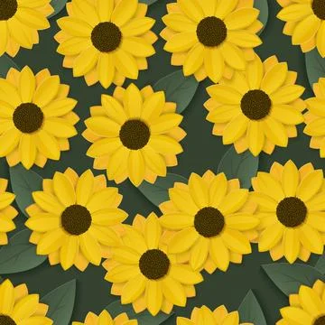 Seamless vector pattern of yellow flower and green leaves. 库存插图