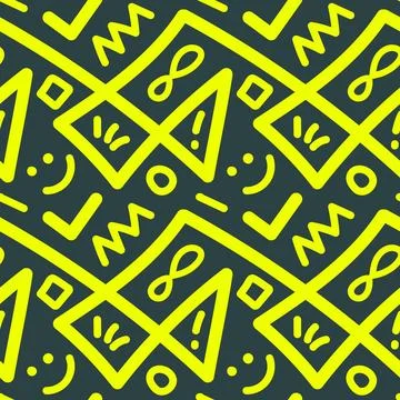 Seamless vector pattern with yellow hand drawn doodles, geometric shapes an.. Stock Illustration