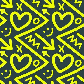 Seamless vector pattern with yellow hand drawn doodles hearts arrows and sm.. Stock Illustration