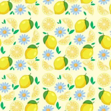 Seamless Vector Pattern with Yellow Lemons and Blue Flowers Stock Illustration