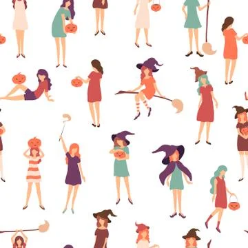 Seamless vector pattern with young people in halloween costumes isolated on w Stock Illustration