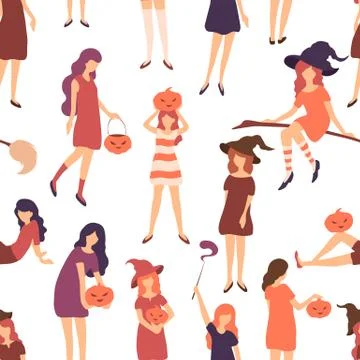 Seamless vector pattern with young people in halloween costumes isolated on w Stock Illustration
