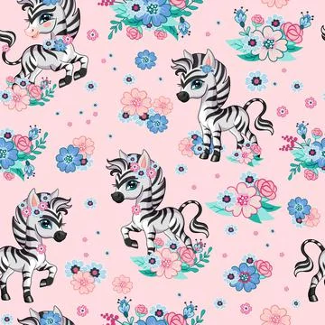 Seamless vector pattern with zebra and flowers pink Stock Illustration