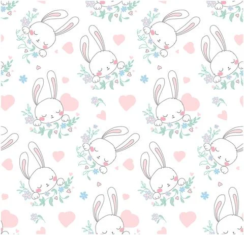 Seamless vector pattern.Delicate white hare in pink and blue colors and hearts Stock Illustration
