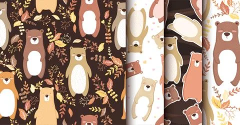 Seamless vector patterns collection with colorful hand drawn cute bears isola Stock Illustration