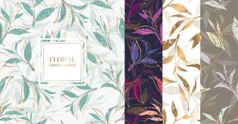 Seamless vector patterns collection with gold and colorful leaves isolated on Stock Illustration