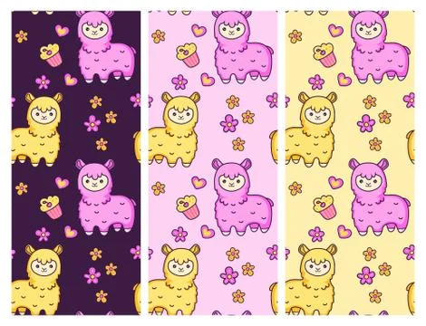 Seamless vector patterns with cute alpacas on different backgrounds. Stock Illustration
