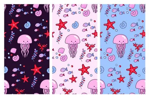 Seamless vector patterns with cute jellyfish and sea elements. Ilustración de archivo