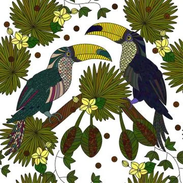 Seamless vector patterns with a pair of tropical toucans Stock Illustration