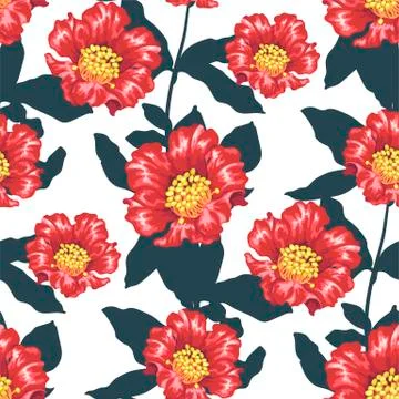 Seamless vector patternwith bright pomegranate blooming flowers and silhouett Stock Illustration