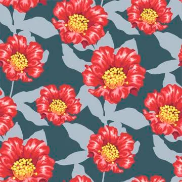 Seamless vector patternwith bright pomegranate blooming flowers and silhouett Stock Illustration