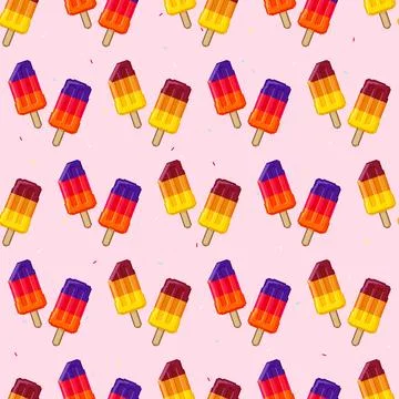 Seamless vector pixel art pattern featuring colorful layered fruit ice lolly on 스톡 일러스트