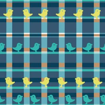 Seamless vector plaid pattern with colored rectangles and bird silhouettes Stock Illustration