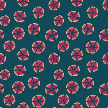 Seamless vector polka dots pattern with watermelon slices on dark background Illustrazione stock