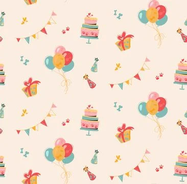 Seamless vector print of festive attributes for a dog party. Flat background Stock Illustration