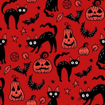 Seamless vector red pattern, magic hand drawn doodle cat, pumpkin, bat Illustrazione stock