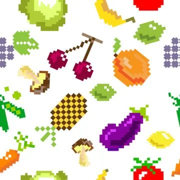 Seamless vector retro pixel game fruits pattern 스톡 일러스트