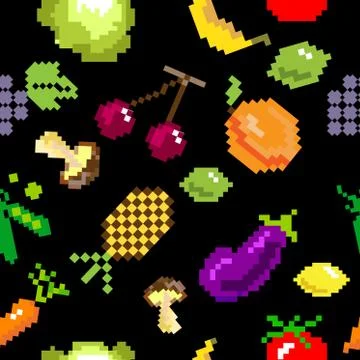 Seamless vector retro pixel game fruits pattern イラスト素材