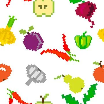 Seamless vector retro pixel game fruits pattern 스톡 일러스트