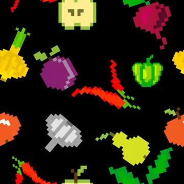 Seamless vector retro pixel game fruits pattern Stock Illustration