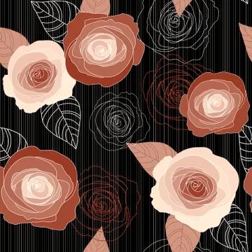 Seamless vector roses pattern on black background Stock Illustration
