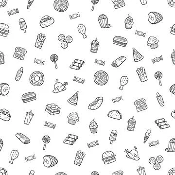 Seamless vector scribbling pattern fast food in a flat-style outline that d.. Illustrazione stock