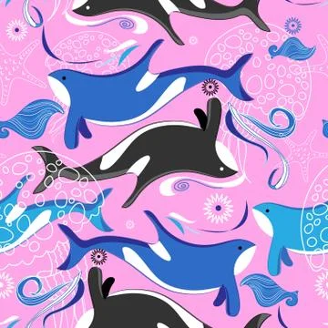 Seamless vector sea pattern with whales Stock Illustration