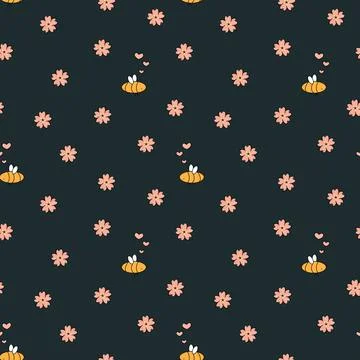 Seamless vector simple pattern of outline pink forget me nots flowers, hearts 스톡 일러스트