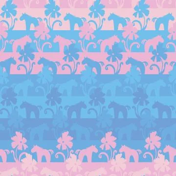 Seamless vector striped pattern with pink and blue unicorns and flowers Stock Illustration