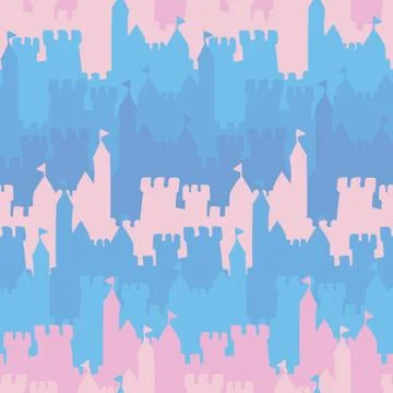 Seamless vector striped pattern with pink and blue castles Stock Illustration